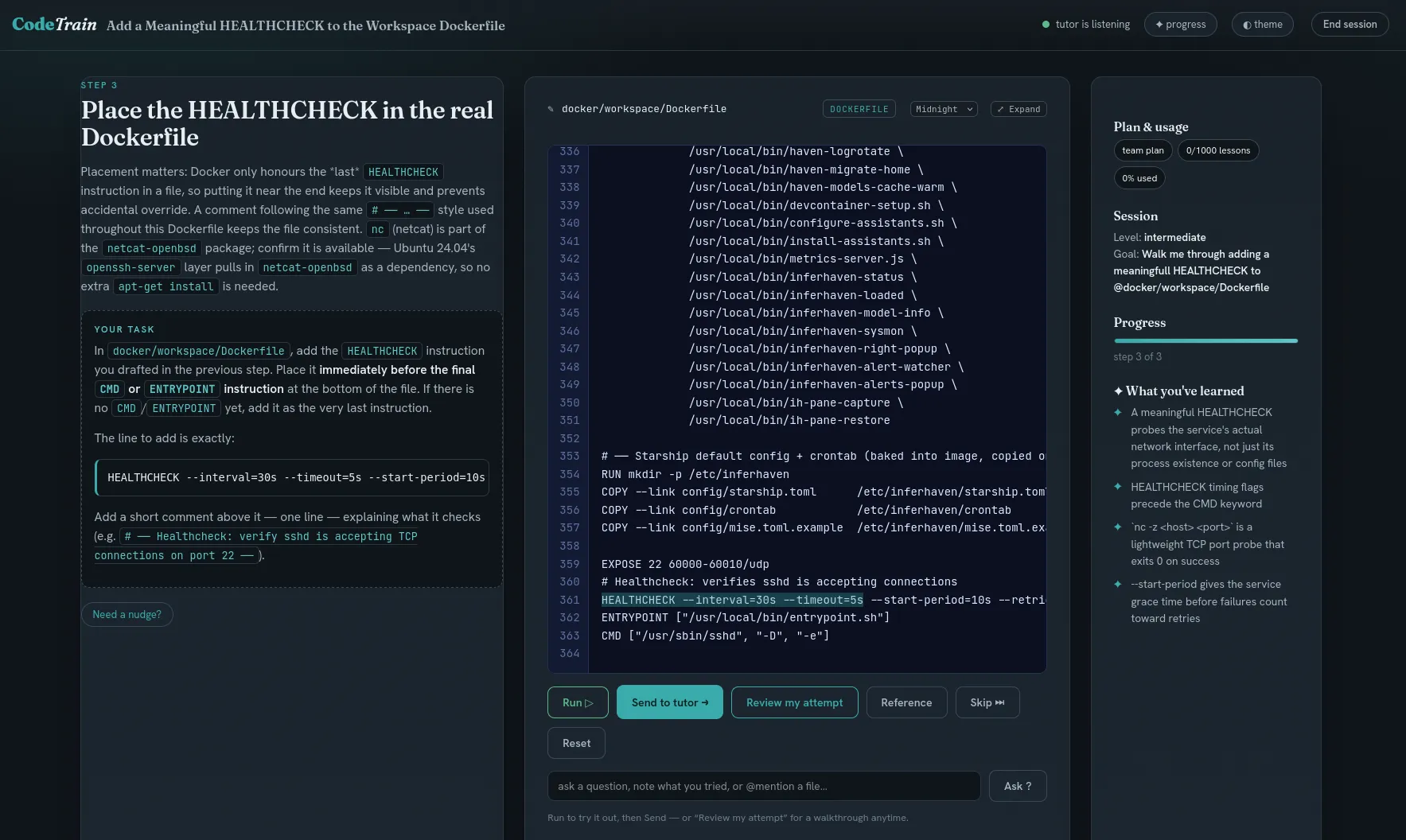 Step 3 of 3: placing the HEALTHCHECK instruction immediately before ENTRYPOINT and CMD in the repository's real Dockerfile
